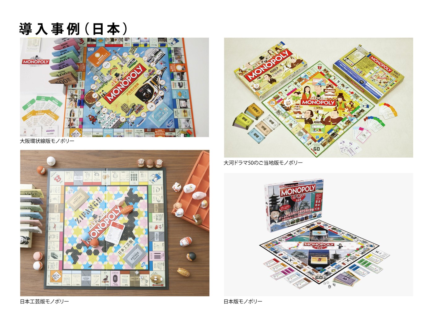 日本の導入事例（大阪環状線版・大河ドラマ50ご当地版・日本工芸版ZIPANG・日本版モノポリー）